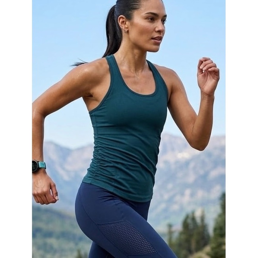 Athleta Womens Teal Blue Racerback Ruched Activewear Tank Top Size M